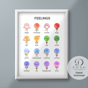 Peut inclure: Un tableau imprimable avec le mot "FEELINGS" en haut. Le tableau pr&eacute;sente 12 personnages de dessins anim&eacute;s color&eacute;s avec diff&eacute;rentes expressions faciales et le mot &eacute;motion correspondant sous chaque personnage. Les &eacute;motions incluent heureux, frustr&eacute;, excit&eacute;, en col&egrave;re, idiot, fatigu&eacute;, triste, effray&eacute;, fier, embarrass&eacute;, confus, inquiet, ennuy&eacute;, timide, d&eacute;&ccedil;u et aim&eacute;. Le tableau comprend &eacute;galement le texte "DASH -DECORS- T&eacute;l&eacute;chargement num&eacute;rique".
