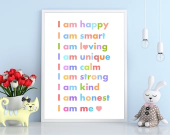 Rainbow Affirmation Wall Art for Kids - Daily Affirmation Printable Poster - Affirmation Print For Kids-Classroom Motivational Quote Poster