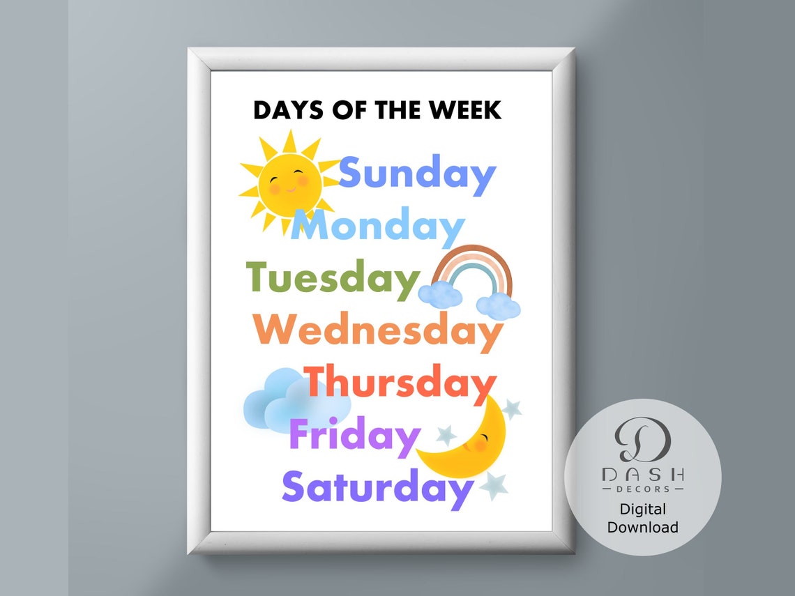 Days of the Week Printable Chart, Poster and Print for Kid, Classroom ...