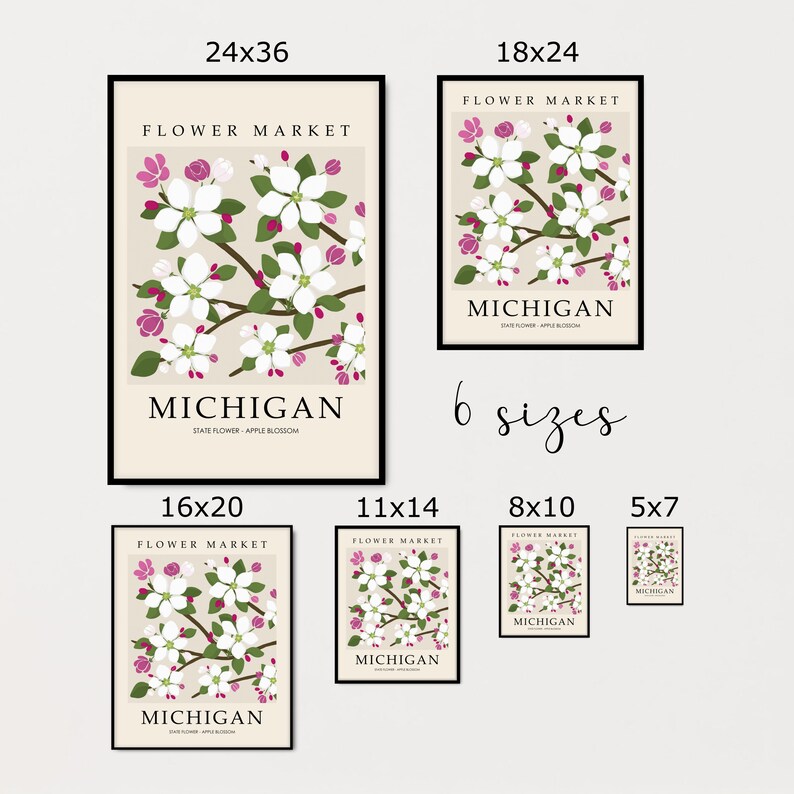 Michigan Flower Market Print With Apple Blossom, State Flower Art ...