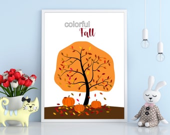 Fall Tree and Pumpkins Decoración de pared imprimible - Autumn Wall Art, Print & Home Décor - Four Seasons Quote Educational Wall Art - Playroom Art