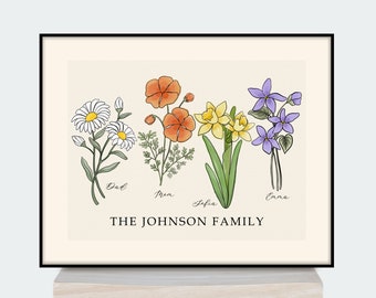 Birth Flower Art Print | Personalized Floral Wall Art | Birth Month Flower Print Gift For Her, Mom, Grandma, Birthday, Christmas, Home