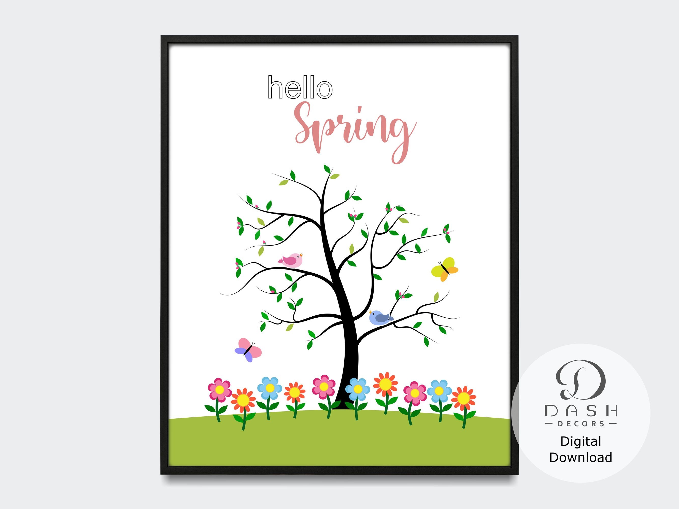 Hello Spring Tree and Flower Printable Wall Art - Spring Four Seasons ...