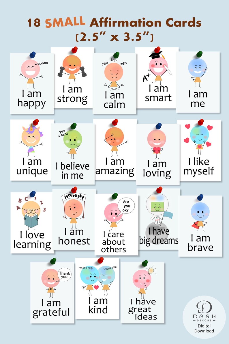 Puede incluir: Conjunto de 18 peque&ntilde;as tarjetas de afirmaci&oacute;n con ilustraciones coloridas de personajes de dibujos animados con mensajes positivos. Cada tarjeta mide 6,35 cm por 8,89 cm.