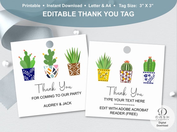 Editable Succulent Thank You Gift Tags Custom Printable | Etsy