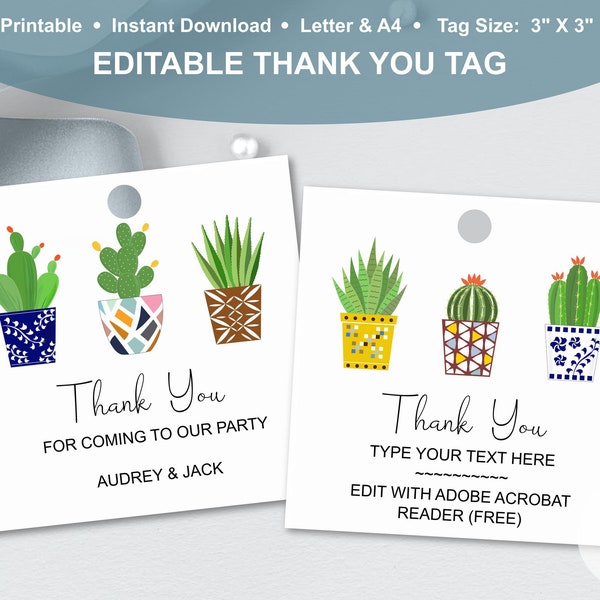 Editable Succulent Thank You Gift Tags - Custom Printable Cactus Thank You Favor Tags - Succulent Favors Tag -Appreciation, Birthday-Digital