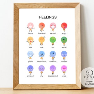 Peut inclure: Un tableau imprimable avec des visages de dessins anim&eacute;s color&eacute;s repr&eacute;sentant diff&eacute;rents sentiments. Le tableau comprend des mots comme heureux, frustr&eacute;, excit&eacute;, en col&egrave;re, b&ecirc;te, fatigu&eacute;, triste, effray&eacute;, fier, embarrass&eacute;, confus, inquiet, ennuy&eacute;, timide, d&eacute;&ccedil;u et aim&eacute;.