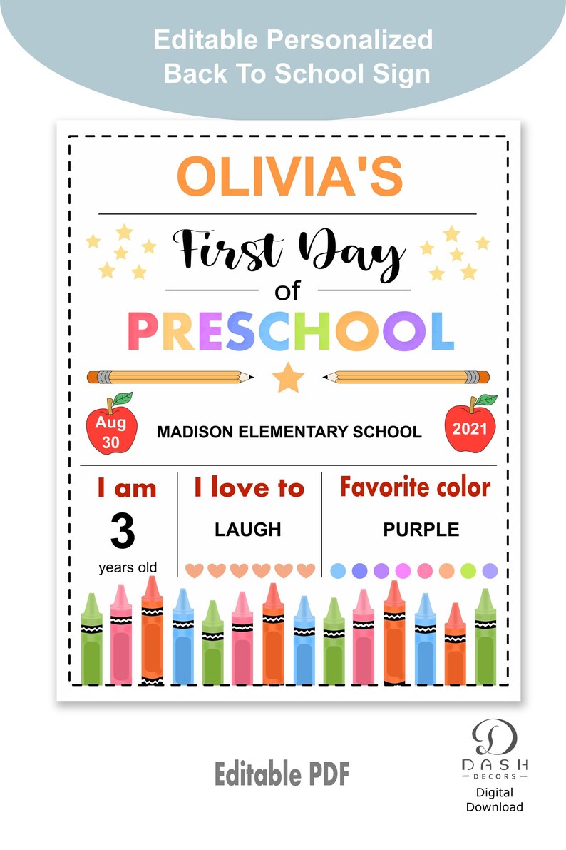 Editable First Day of School Sign for Preschool - Personalized First ...