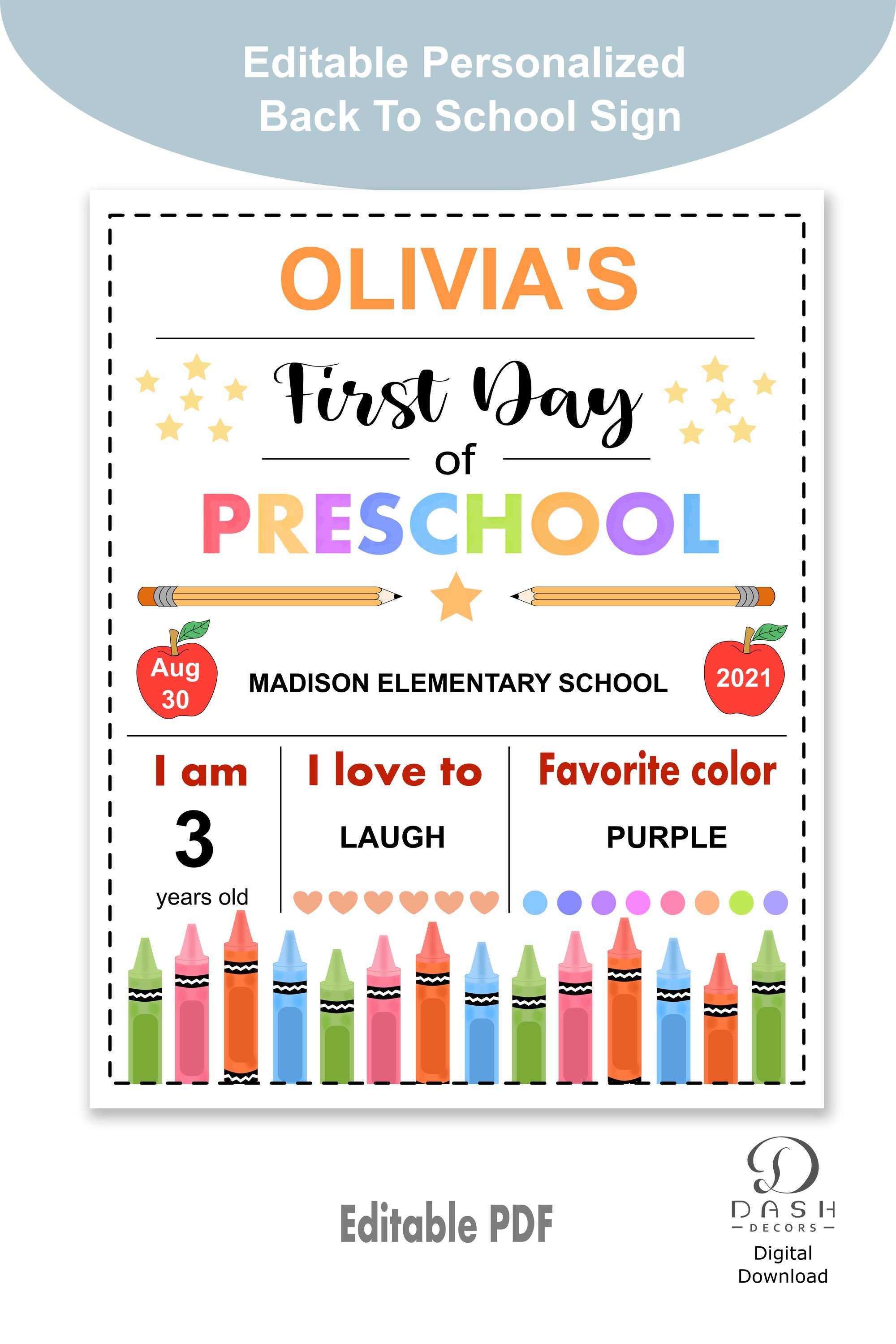 Editable First Day of School Sign for Preschool - Personalized First ...