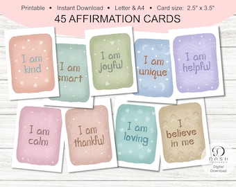 Puede incluir: 45 tarjetas de afirmación imprimibles con varios colores pastel y patrones. Cada tarjeta presenta una afirmación positiva, como "Soy amable", "Soy inteligente", "Soy alegre", "Soy único", "Soy servicial", "Soy tranquilo", "Soy agradecido", "Soy amoroso", y "Creo en mí".