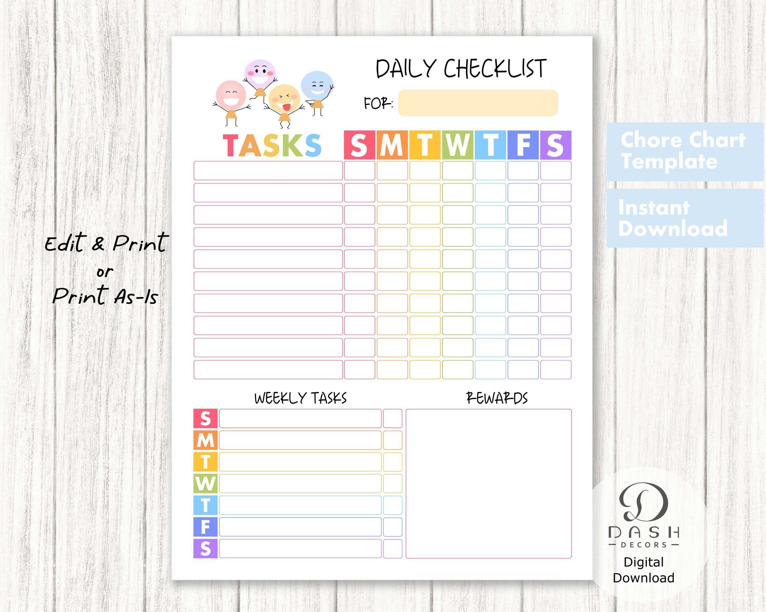 Editable Chore Chart for Kids, Daily & Weekly Checklist With Rewards ...