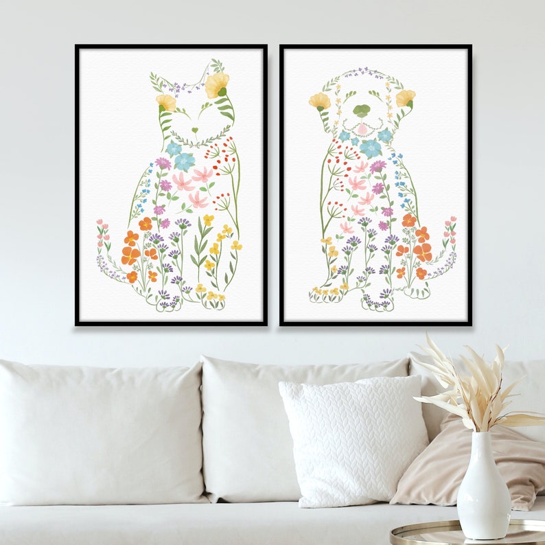 Wildflowers Cat Wall Art Print | Cute Floral Cat Poster Gifts for Cat ...