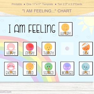 May include: A printable chart with a rainbow and a sun, titled "I Am Feeling..." Chart. The chart has ten colorful squares with different emotions, including happy, angry, thirsty, hungry, sick, excited, tired, scared, worried, and upset.