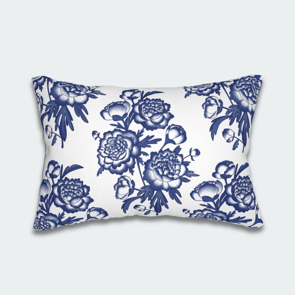 Chinoiserie Peony Lumbar Pillow, 20"x14", Blue Floral Lumber Pillow for Sofa, Bed Top and Chair, Gift for Housewarming and Birthday