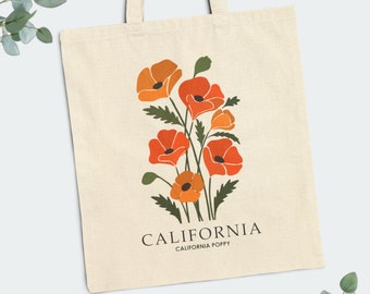 California Poppy Cotton Canvas Tote Bag | 15" x 16" | Cute Orange Poppy California State Flower Floral Art Tote Bag | California Travel Gift