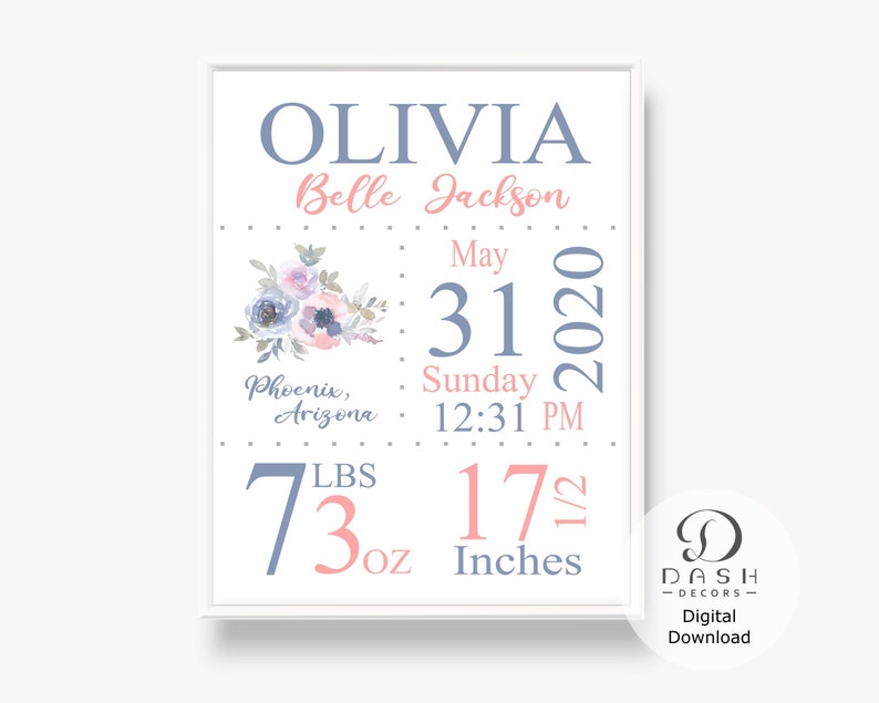 Custom Birth Announcement Printable Wall Art for Girl - Personalized ...