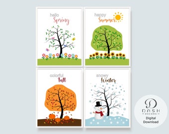 4 Season Wall Art, Poster & Print - Set of 4 - Four Season Trees Printable Art Print for Montessori Preschool Classroom Décor -Digital Print