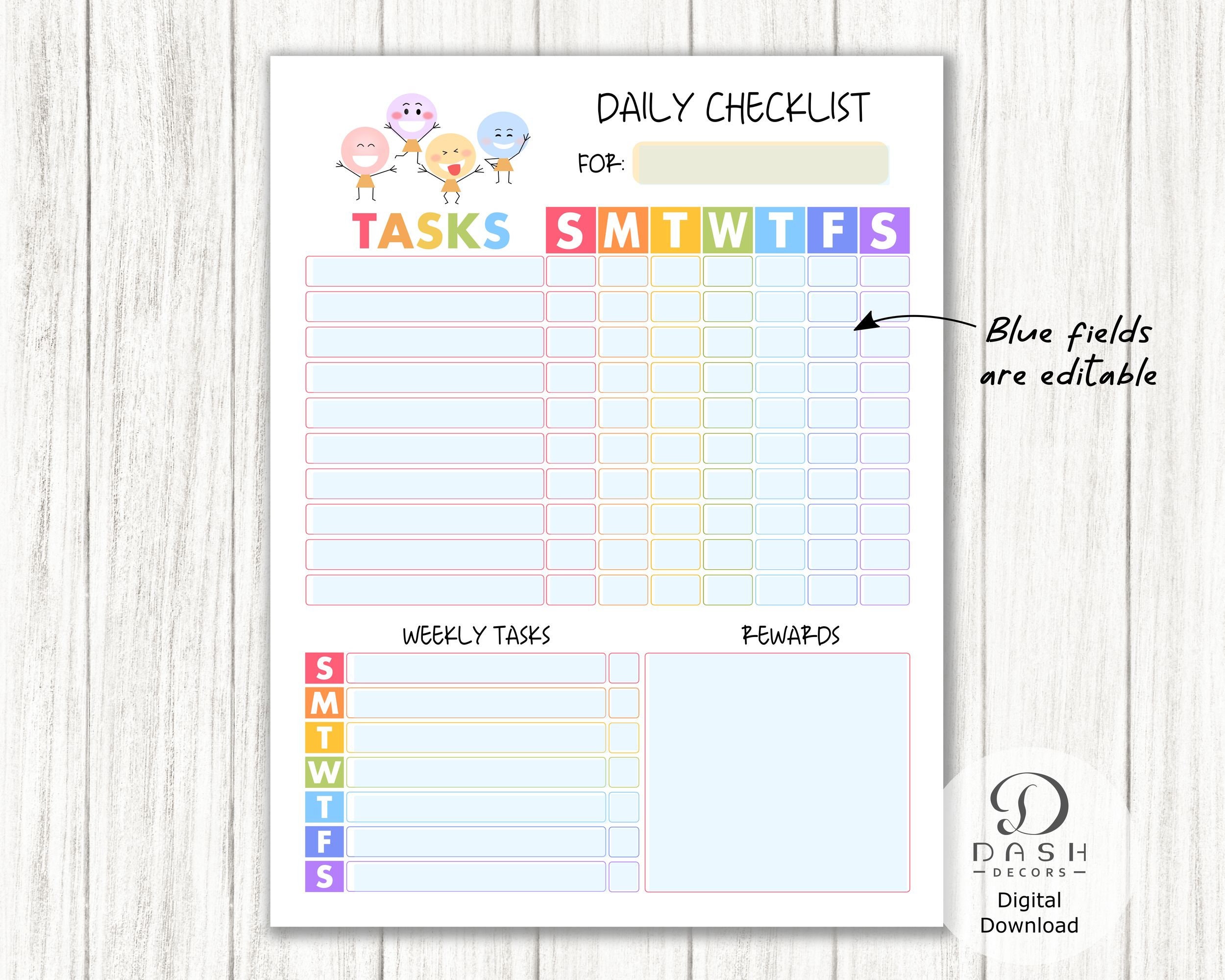 Editable Chore Chart for Kids Daily & Weekly Checklist With - Etsy