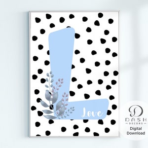 Arte de pared con monograma de la letra L azul - Decoración floral para habitación de bebé niño - Arte de pared con frase de amor - Decoración de pared imprimible de amor - Arte de pared para habitación de niño