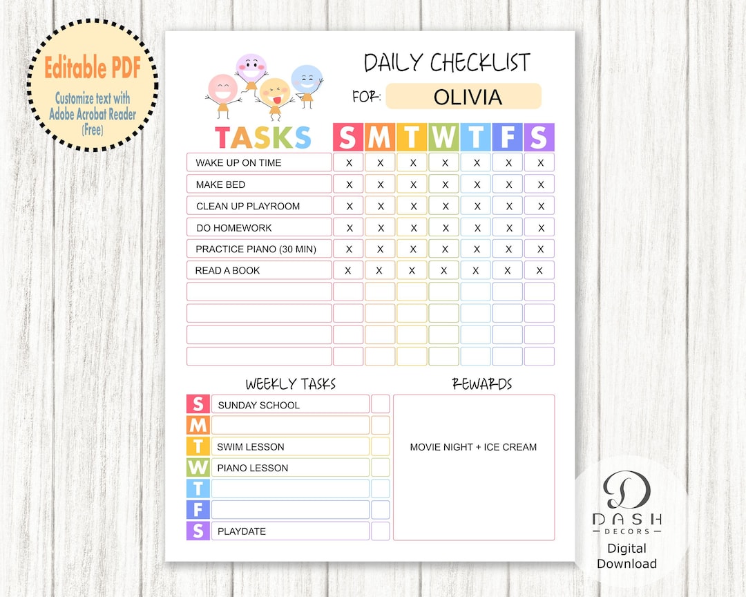 Editable Chore Chart for Kids, Daily & Weekly Checklist With Rewards ...