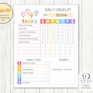May include: A printable daily checklist for kids with a rainbow color scheme. The checklist includes tasks like wake up on time, make bed, clean up playroom, do homework, practice piano, and read a book. It also includes weekly tasks like Sunday school, swim lesson, piano lesson, and playdate. The checklist has a section for rewards, which includes movie night and ice cream.