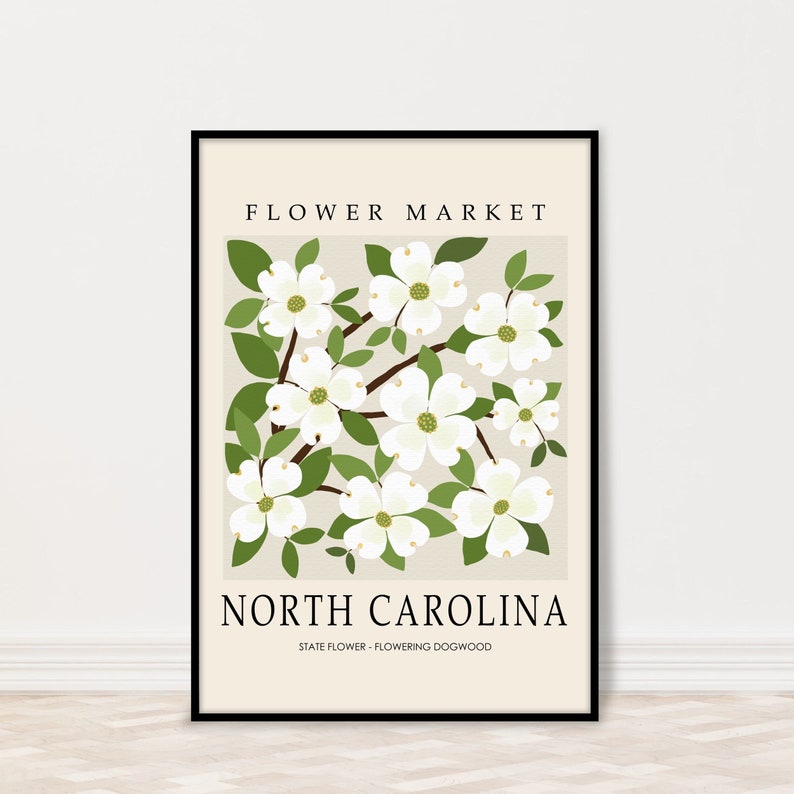 North Carolina Dogwood Flower Market Art Print, Flowering Dogwood Wall Art, North Carolina Gift, State Flower Artwork, Botanical Poster image 1
