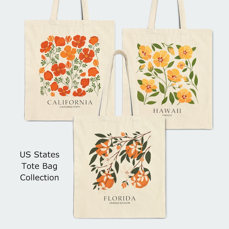 May include: Three tote bags with floral designs. The first bag features a red and orange poppy design with the text "CALIFORNIA - CALIFORNIA POPPY". The second bag features a yellow hibiscus design with the text "HAWAII - HIBISCUS". The third bag features an orange blossom design with the text "FLORIDA - ORANGE BLOSSOM". The text "US States Tote Bag Collection" is below the bags.