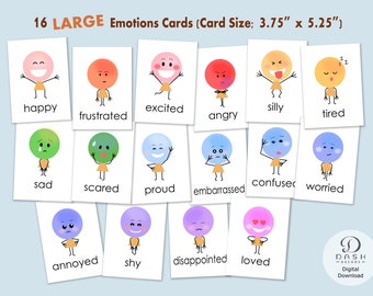 May include: Set of 16 large emotion cards featuring colorful cartoon faces with different expressions. Each card has a word describing the emotion, such as happy, sad, angry, and scared. The cards measure 3.75 inches by 5.25 inches.
