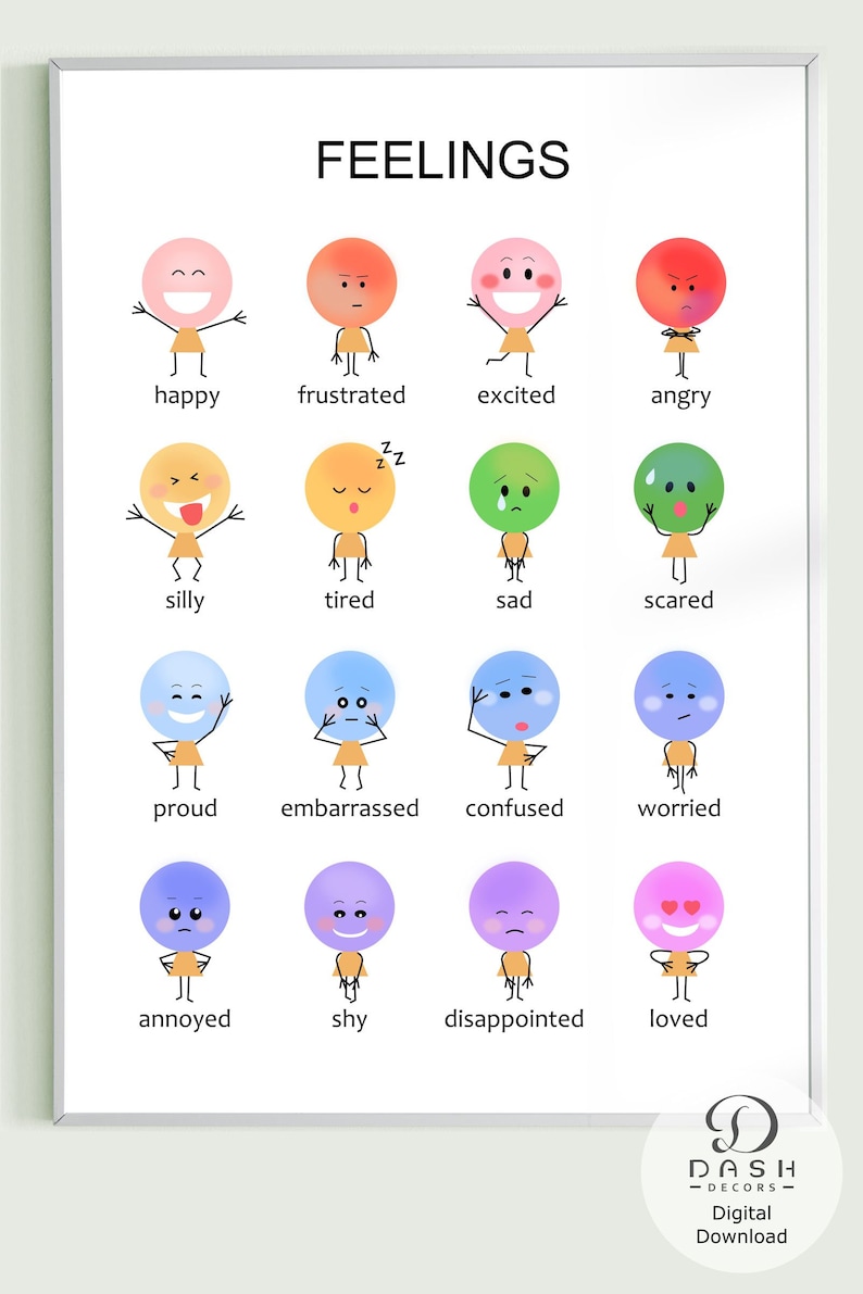 Peut inclure: Un tableau imprimable avec des personnages de dessins anim&eacute;s color&eacute;s exprimant diff&eacute;rentes &eacute;motions. Le tableau est intitul&eacute; "FEELINGS" et comprend des mots comme "heureux", "frustr&eacute;", "excit&eacute;", "en col&egrave;re", "stupide", "fatigu&eacute;", "triste", "effray&eacute;", "fier", "g&ecirc;n&eacute;", "confus", "inquiet", "ennuy&eacute;", "timide", "d&eacute;&ccedil;u" et "aim&eacute;".