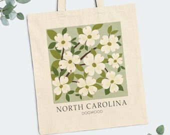 North Carolina Dogwood Tote Bag | 15" x 16" | Personalized Cotton Canvas State Flower Tote Bag | Shopping, Birthday, Bachelorette, Wedding