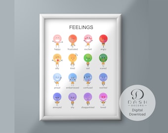 Emotions Chart & Poster, Teacher Classroom Printable Poster, Emotions Prints Wall Art, Rainbow Preschool Feelings Chart, Digital Print
