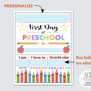 Editable First Day of School Sign for Preschool - Personalized First ...
