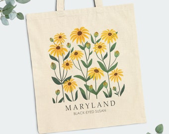 Maryland Floral Tote Bag | Black-Eyed Susan State Flower | 15" x 16" | Custom Cotton Canvas Flower Tote For Books, Gardening, Travel, Beach