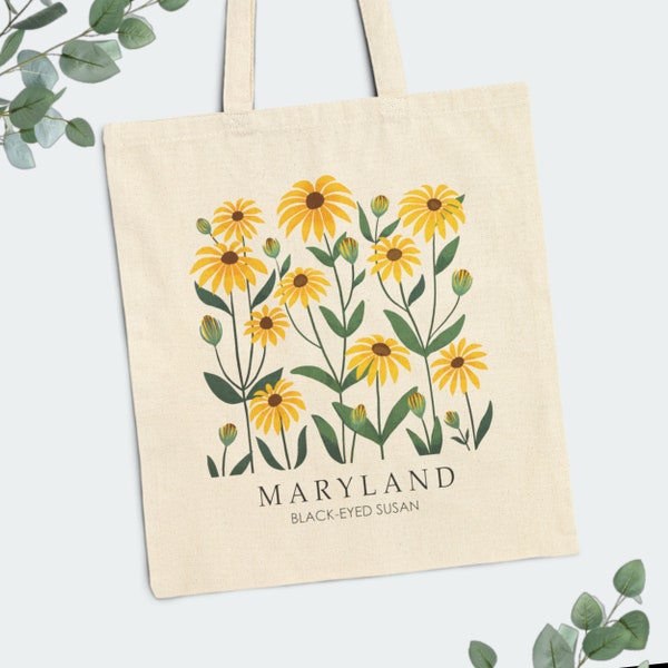 Maryland Floral Tote Bag | Black-Eyed Susan State Flower | 15" x 16" | Custom Cotton Canvas Flower Tote For Books, Gardening, Travel, Beach