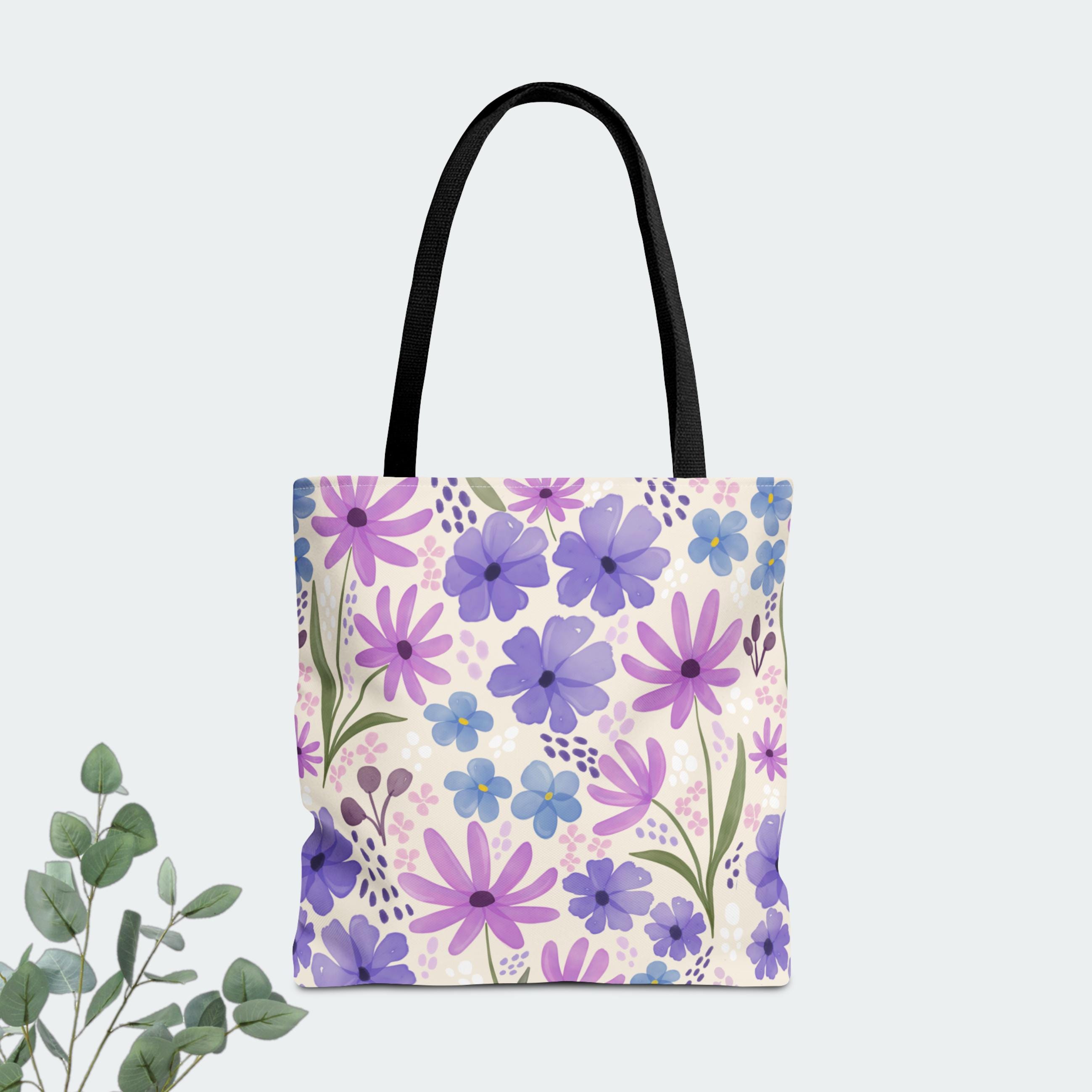 Purple Flowers Canvas Tote Bag | Purple Pink Floral Art | Colorful