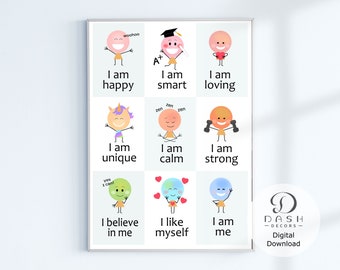 Daily Affirmations Printable for Kids - Digital Rainbow Watercolor Positive Affirmation Wall Art-School Words of Affirmation - Printable