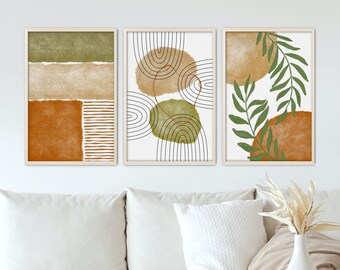 3 Piece Boho Neutral ART PRINTS Set, Unframed Poster Set, Set of 3, Abstract Green Botanical Gallery Wall Art, Living Room, Bedroom, Kitchen