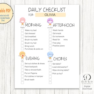Bewerkbare sjabloon voor dagelijkse routine klusjes voor kinderen en peuters - Afdrukbare lijst met regenboogverantwoordelijkheden - Dagelijkse routinechecklist