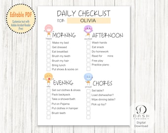 Editable Daily Routine Chore Chart Template for Kids & Toddler - Printable Rainbow Responsibility Chart List - Daily Routine Checklist