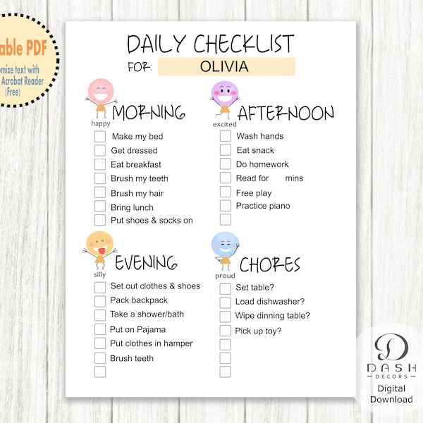 Editable Daily Routine Chore Chart Template for Kids & Toddler - Printable Rainbow Responsibility Chart List - Daily Routine Checklist
