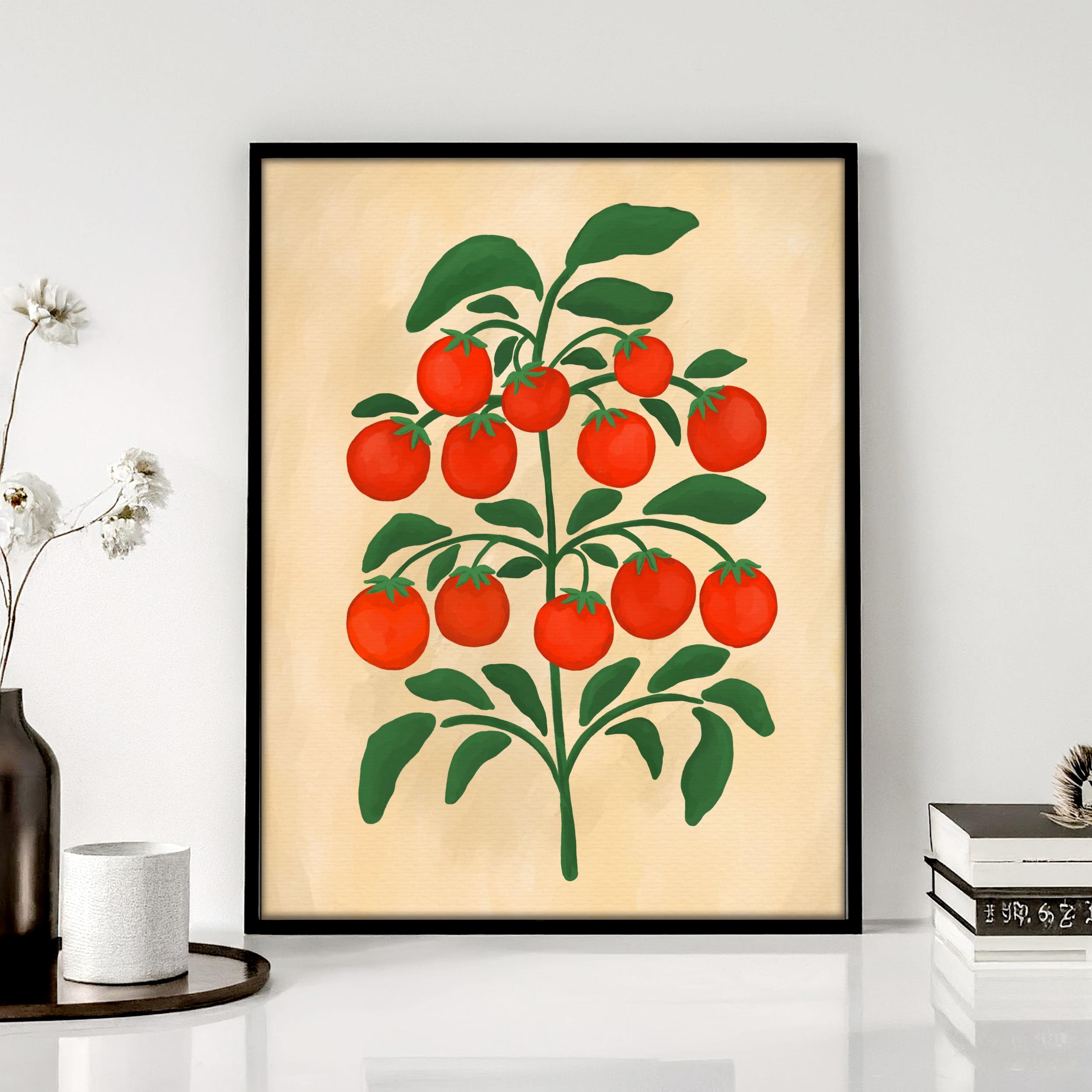 Retro Tomato Plant Print | Unframed | Watercolor Boho Style Hand