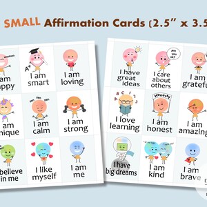 Puede incluir: Conjunto de 18 peque&ntilde;as tarjetas de afirmaci&oacute;n con ilustraciones coloridas de personajes de dibujos animados con mensajes positivos. Cada tarjeta mide 6,35 cm por 8,89 cm.