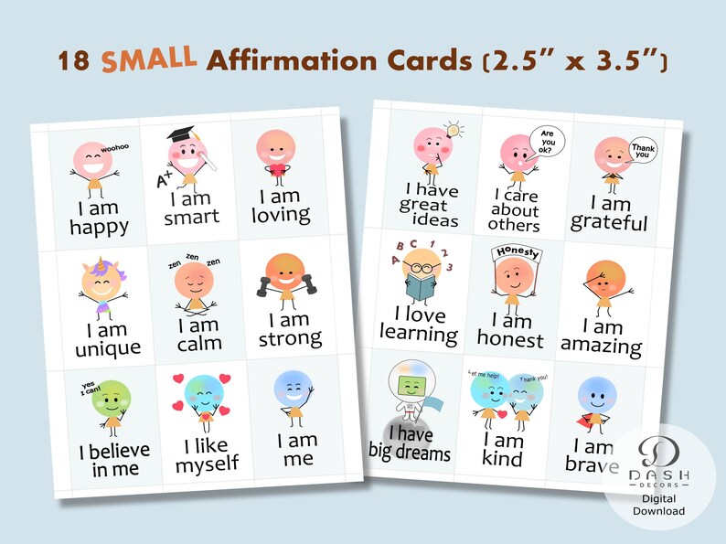 Puede incluir: Conjunto de 18 peque&ntilde;as tarjetas de afirmaci&oacute;n con ilustraciones coloridas de personajes de dibujos animados con mensajes positivos. Cada tarjeta mide 6,35 cm por 8,89 cm.