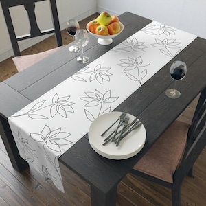 White Table Runner with Floral Print, Floral Black and White Line Art, Dining Table Decor, Black and White Table Runner