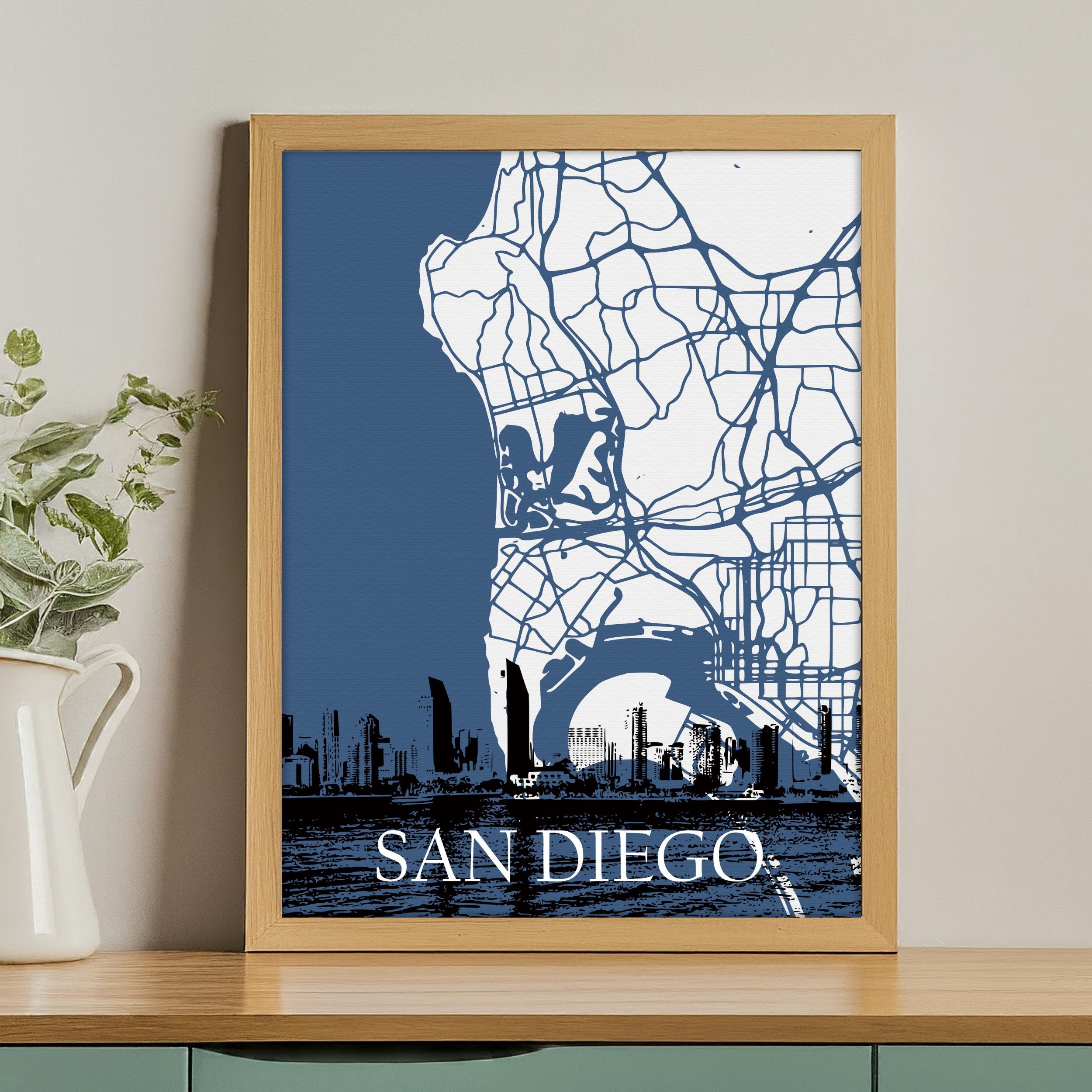 San Diego Wall Art | City Map Print With San Diego Skyline | Blue Black ...