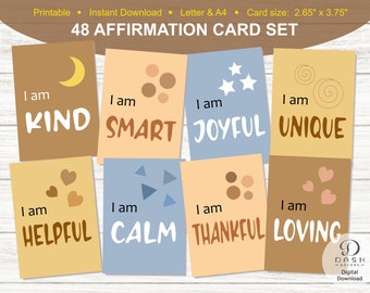 Cubierta imprimible de tarjetas de afirmación boho para niños y niños pequeños - Conjunto de 48 - Palabras diarias de afirmación, positividad y tarjetas motivacionales-digital