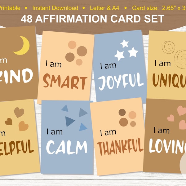 Printable Boho Affirmation Card Deck for Kids & toddlers - Set of 48 - Daily Words of Affirmation, Positivity and Motivational Cards-Digital