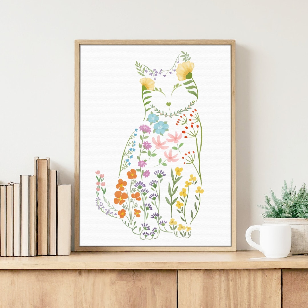 Wildflowers Cat Wall Art Print | Cute Floral Cat Poster Gifts for Cat ...
