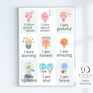 Words of Affirmation Wall Art for Kids - Póster de afirmación escolar diaria para preescolar Montessori, aula, sala de juegos, sala de niños - Digital