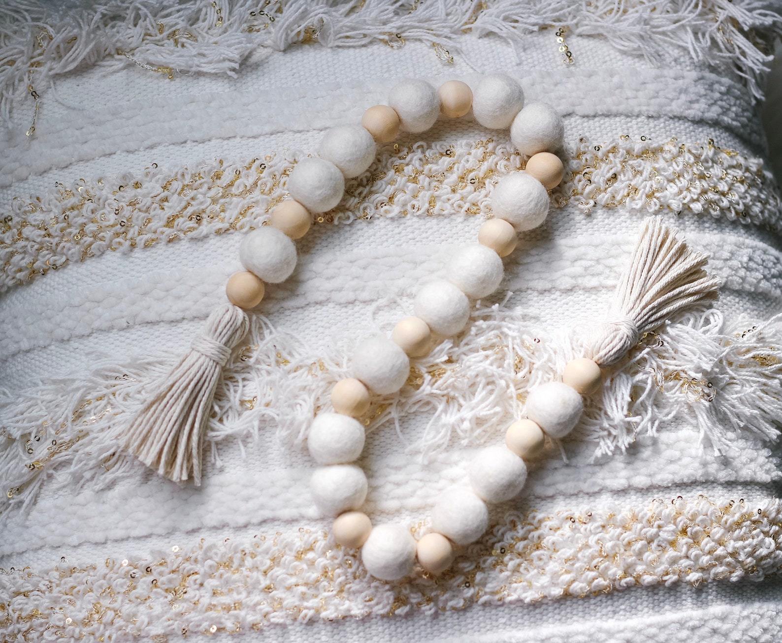 White Pom Pom Garland With Wood Beads & Tassels Nursery Etsy Australia